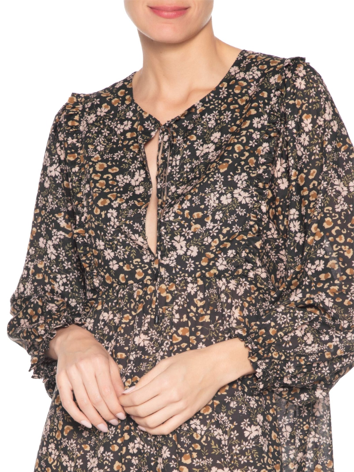 Vestido De Voil De Algodão Curto Boho Estampado Preto Animale