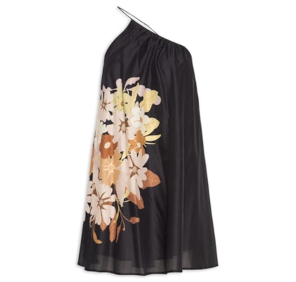 Vestido De Voil De Algodão Ombro Só Curto Estampado - Preto
