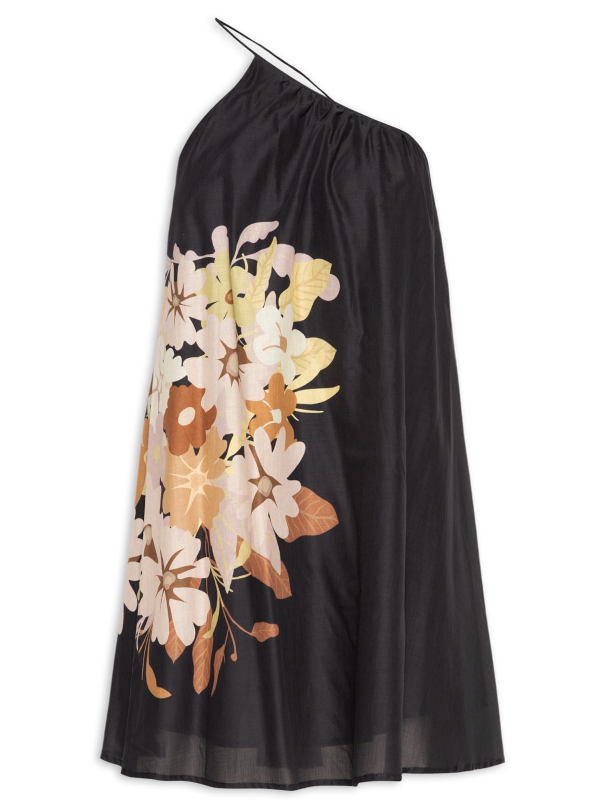 Vestido De Voil De Algodão Ombro Só Curto Estampado - Preto