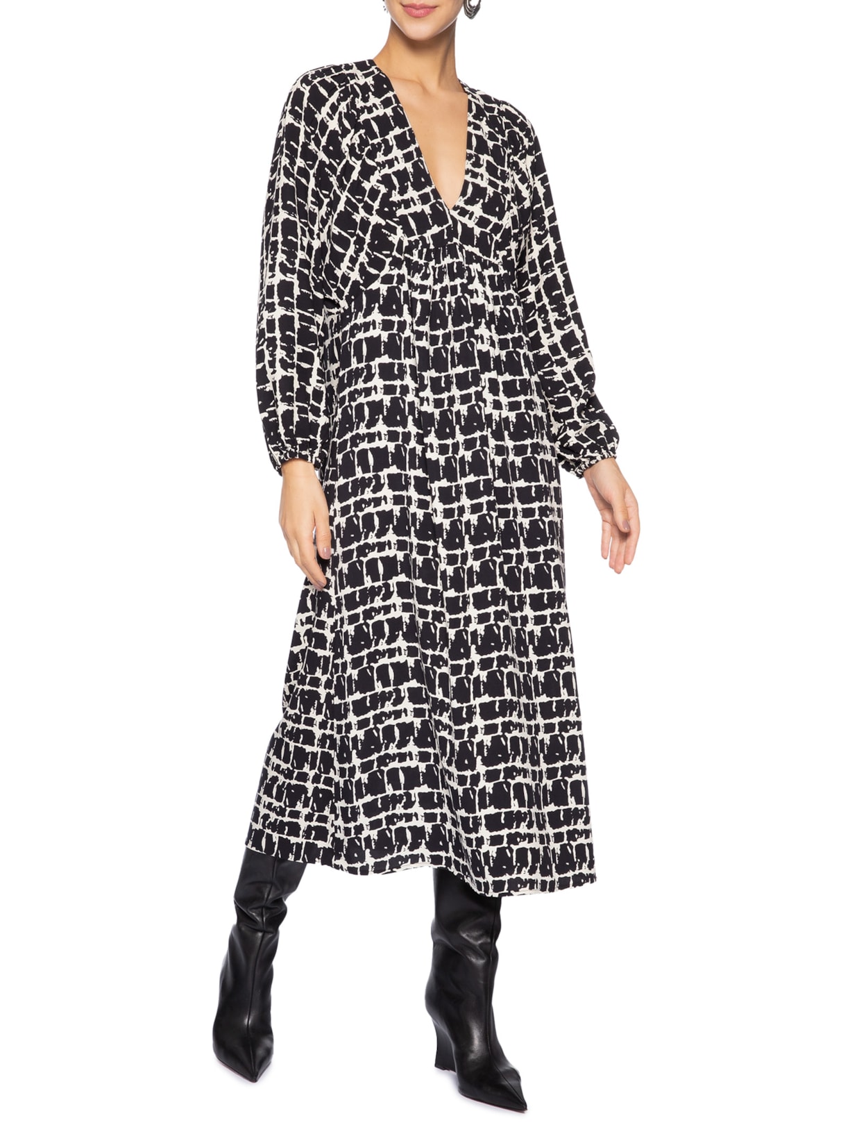 Vestido Decote Atado Textura Xadrez Preto Animale