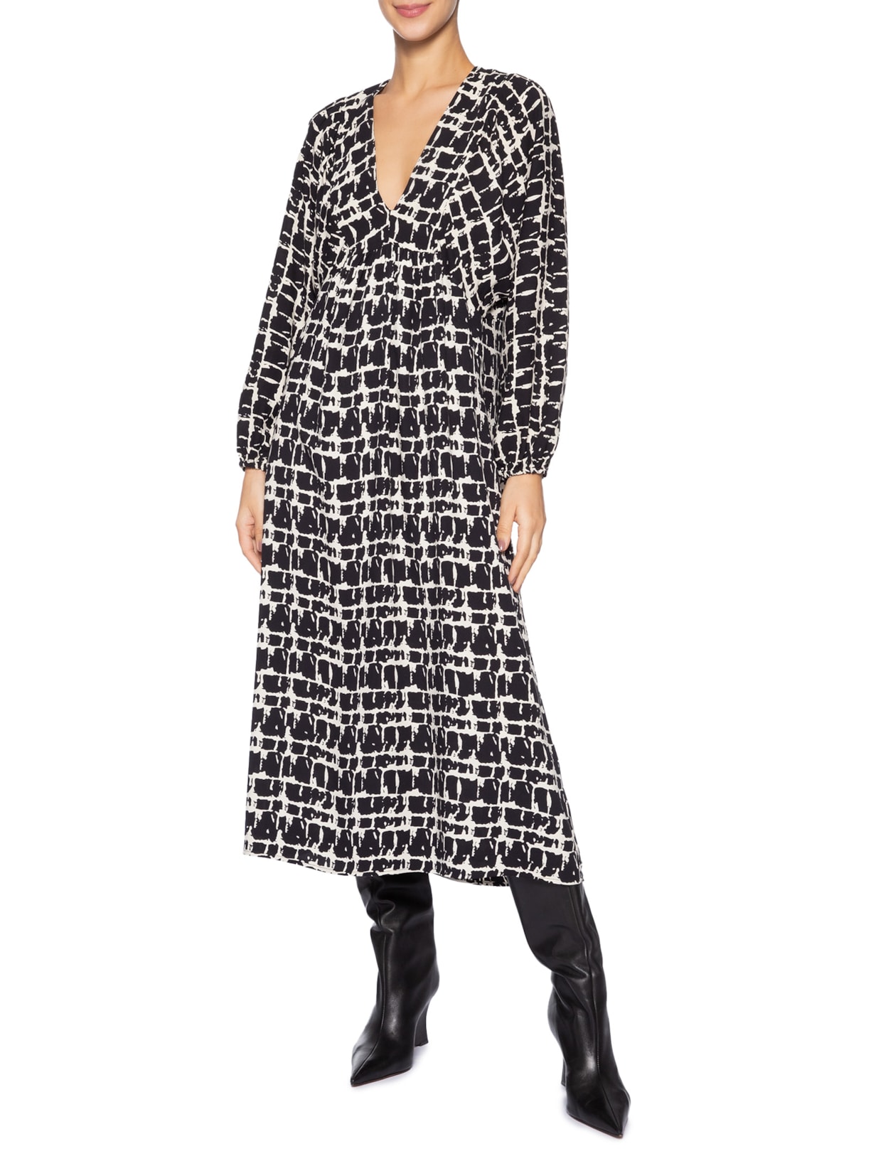 Vestido Decote Atado Textura Xadrez Preto Animale