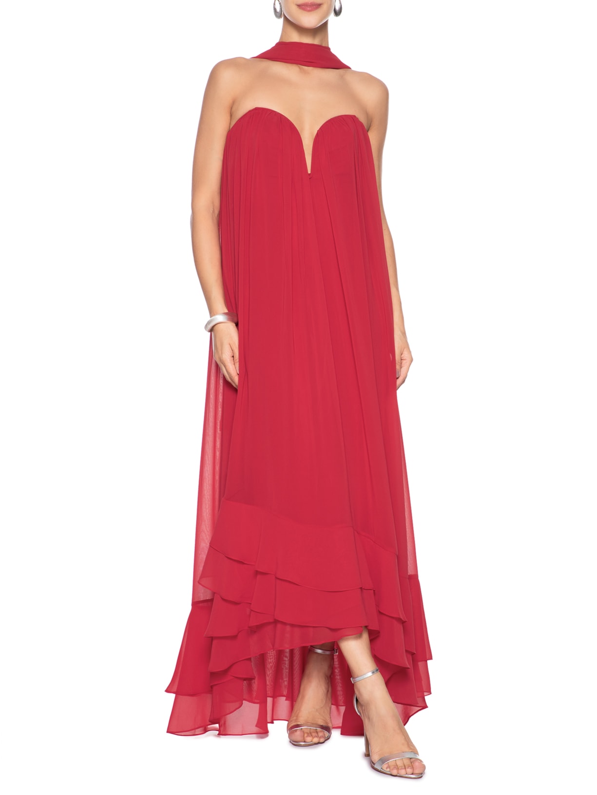 Vestido Decote Faixa Chiffon Vermelho Dress To