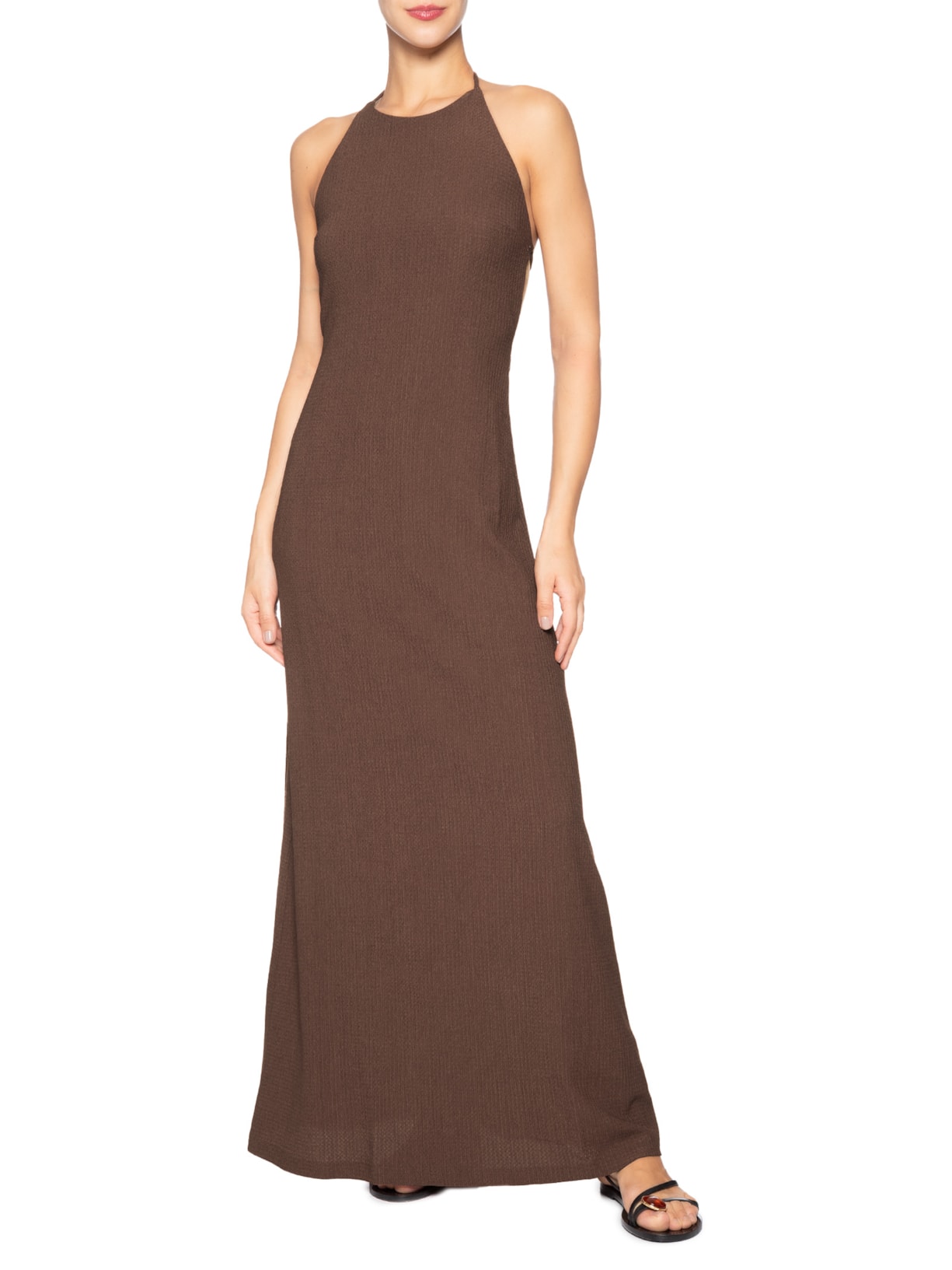 Vestido Decote Frente Única Marrom Farm