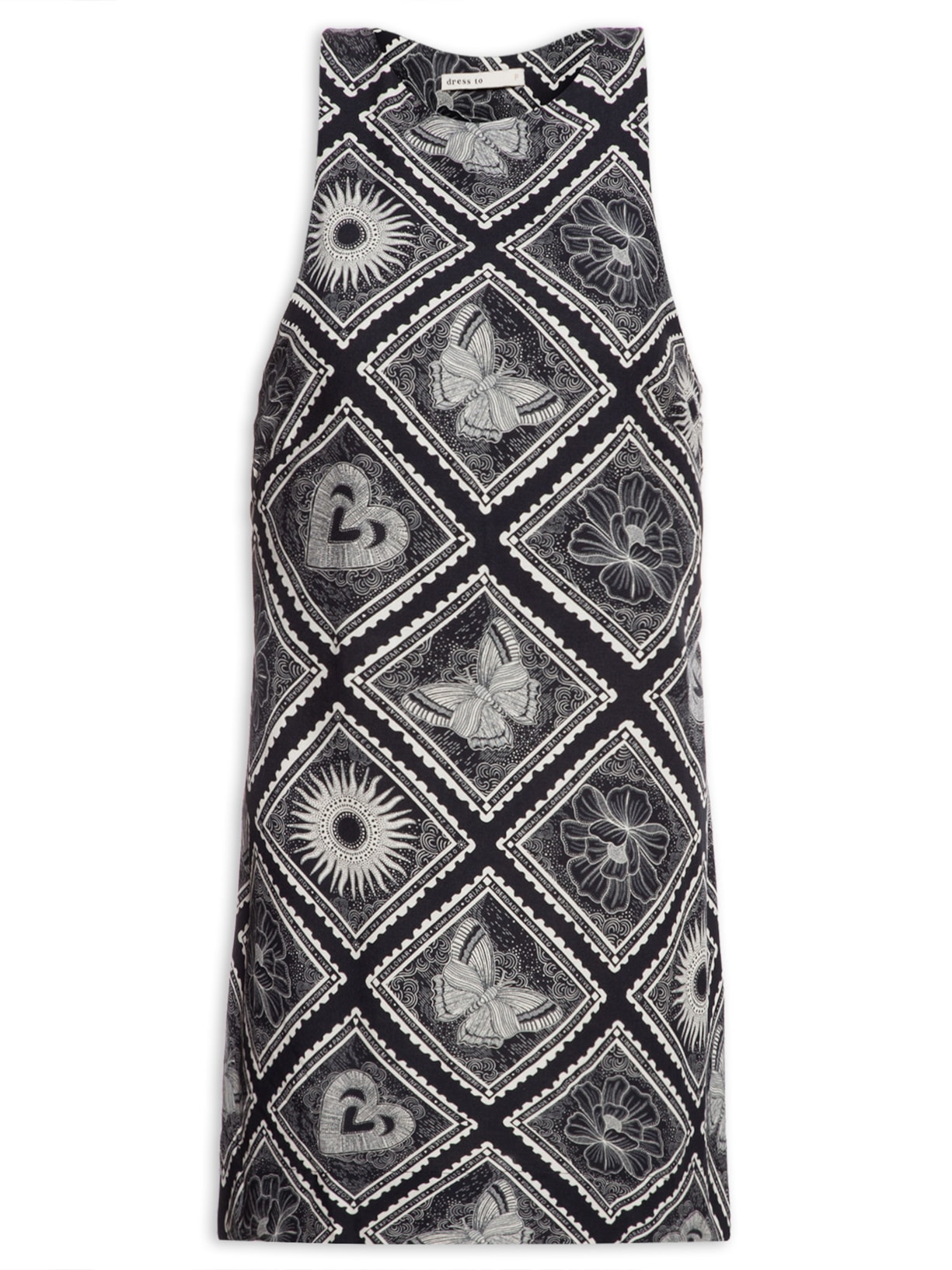 Vestido Decote Nadador Estampa Selos - Preto