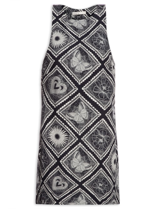 Vestido Decote Nadador Estampa Selos - Preto