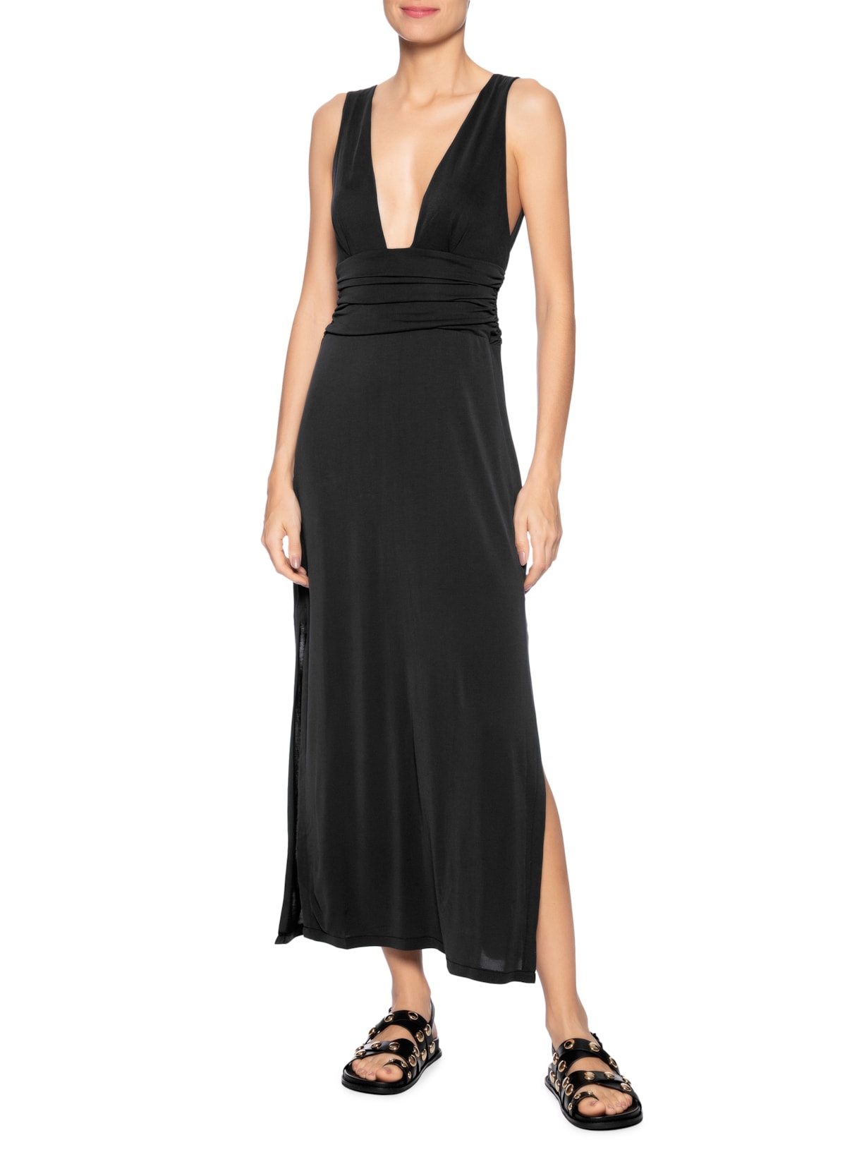 Vestido Decote Profundo Pala Franzida Preto Maria Filó