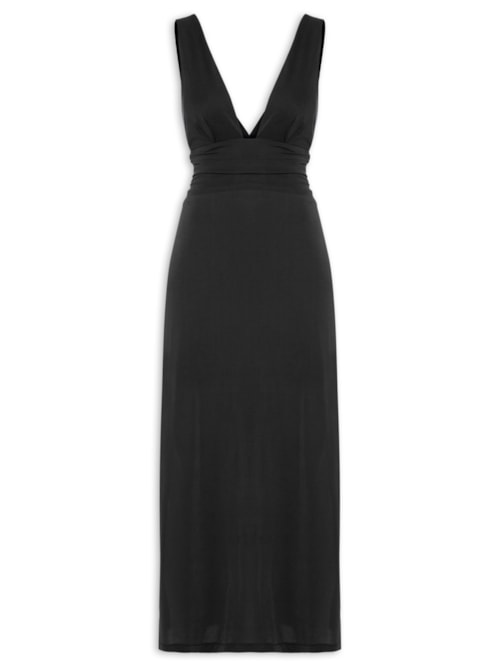 Vestido Decote Profundo Pala Franzida - Preto