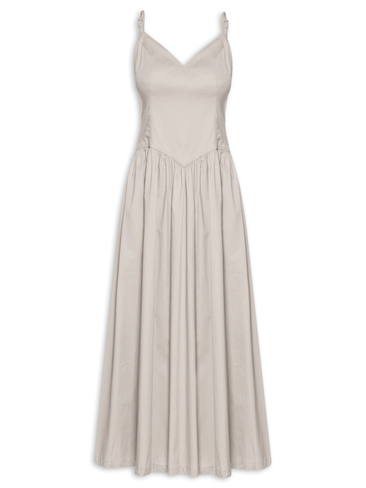 Vestido Decote V com Fenda e Bolsos - Bege