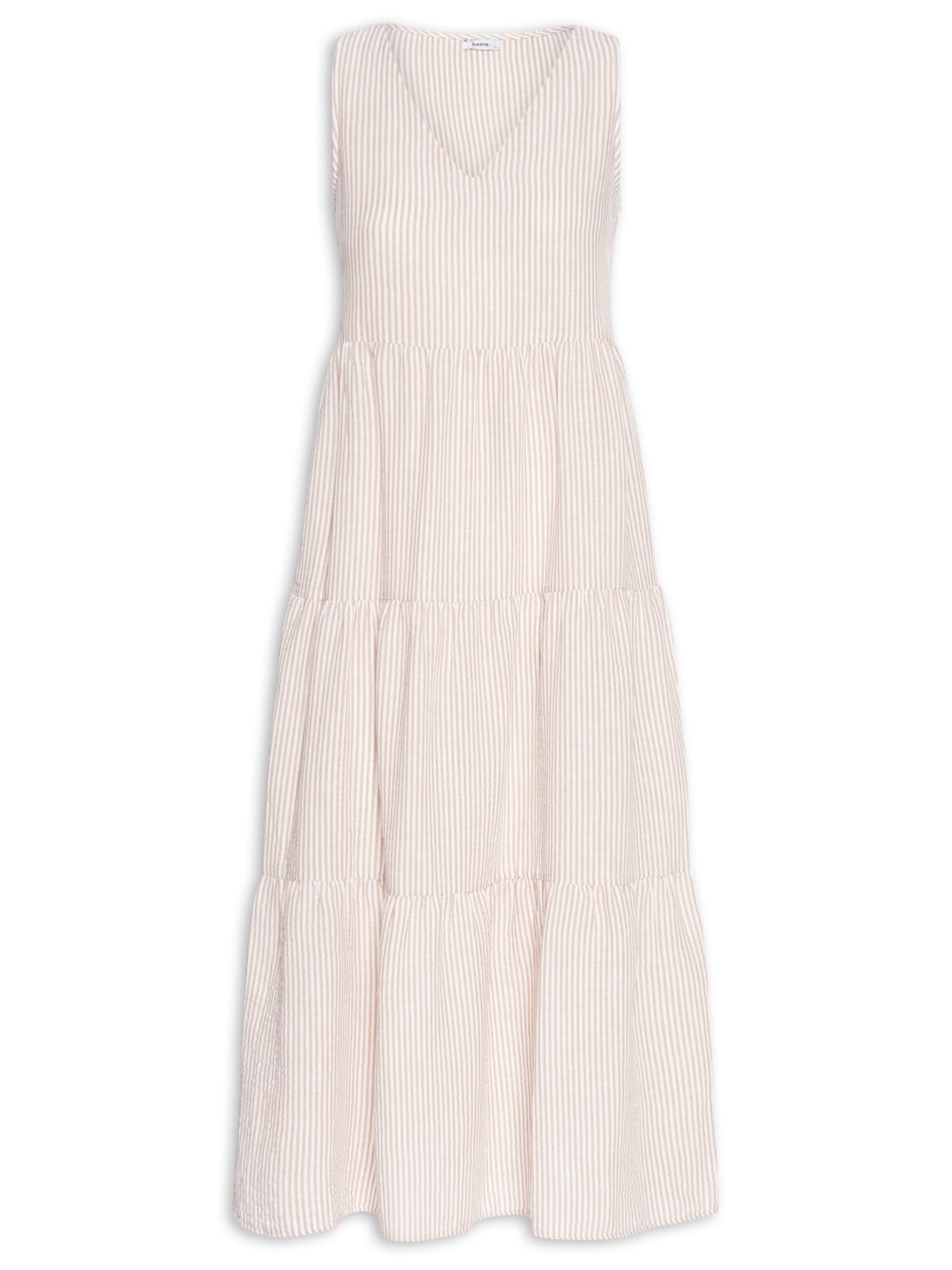 Vestido Decote V Listrado - Bege