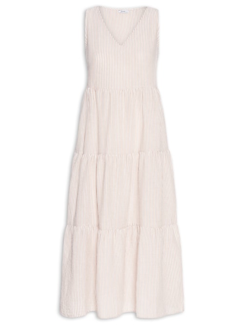 Vestido Decote V Listrado - Bege