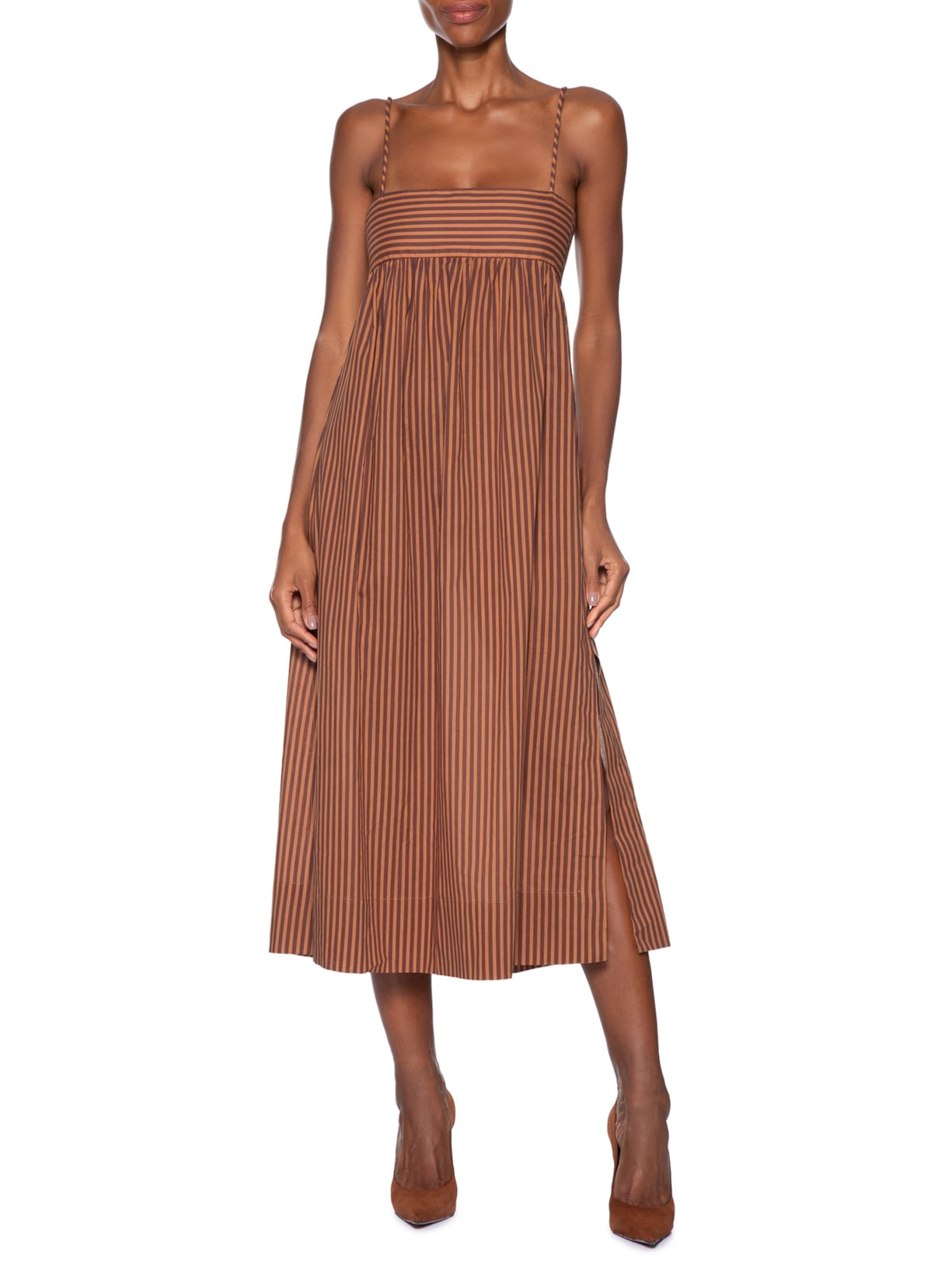 Vestido Devoil De Algodão Midi Top Faixa Listrado Laranja Animale