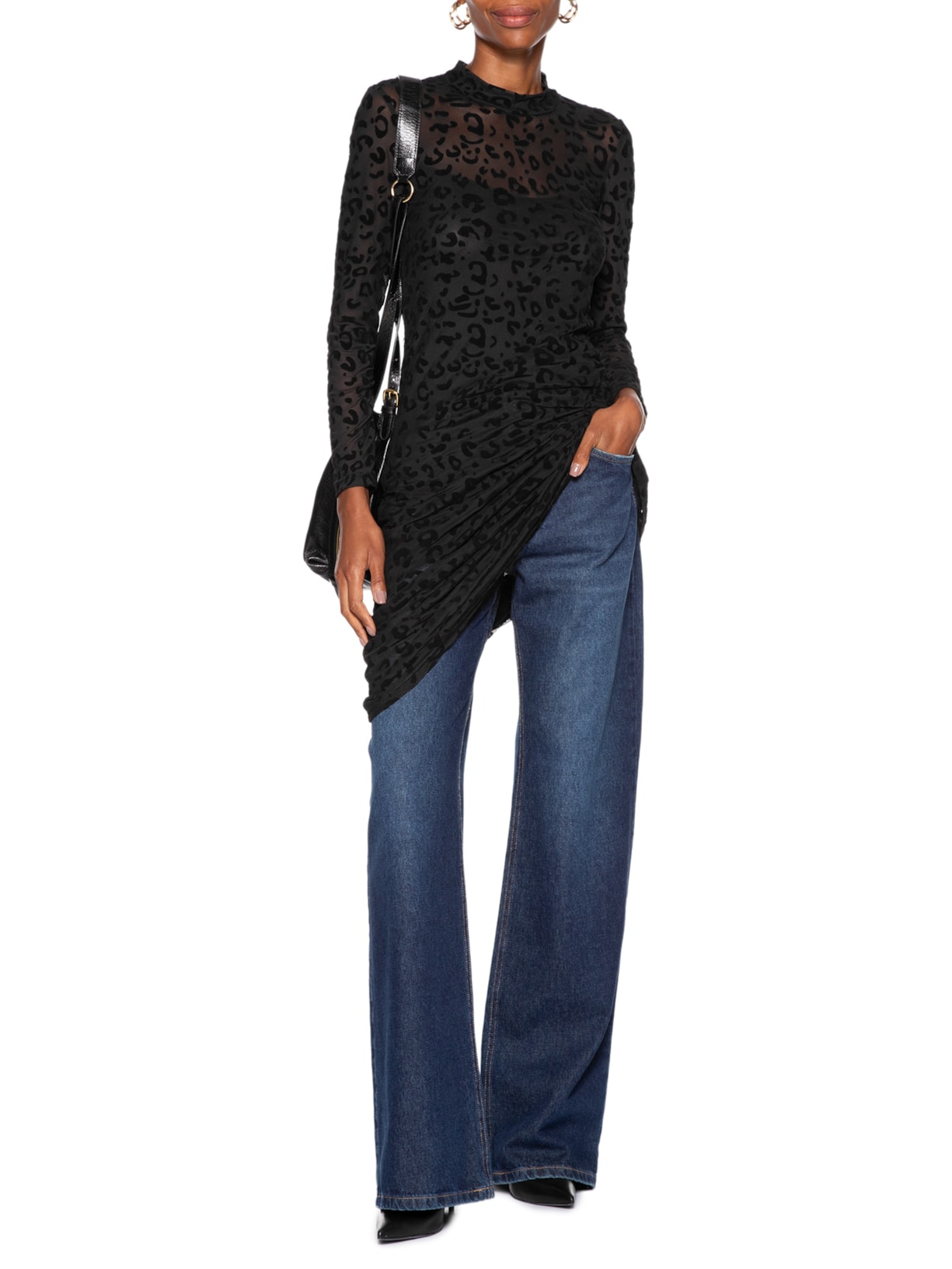 Vestido Devorê Onça Manga Longa Preto Animale Jeans