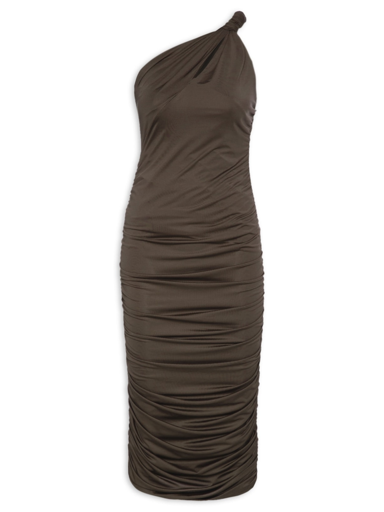 Vestido Drapeado Ombro Único - Marrom