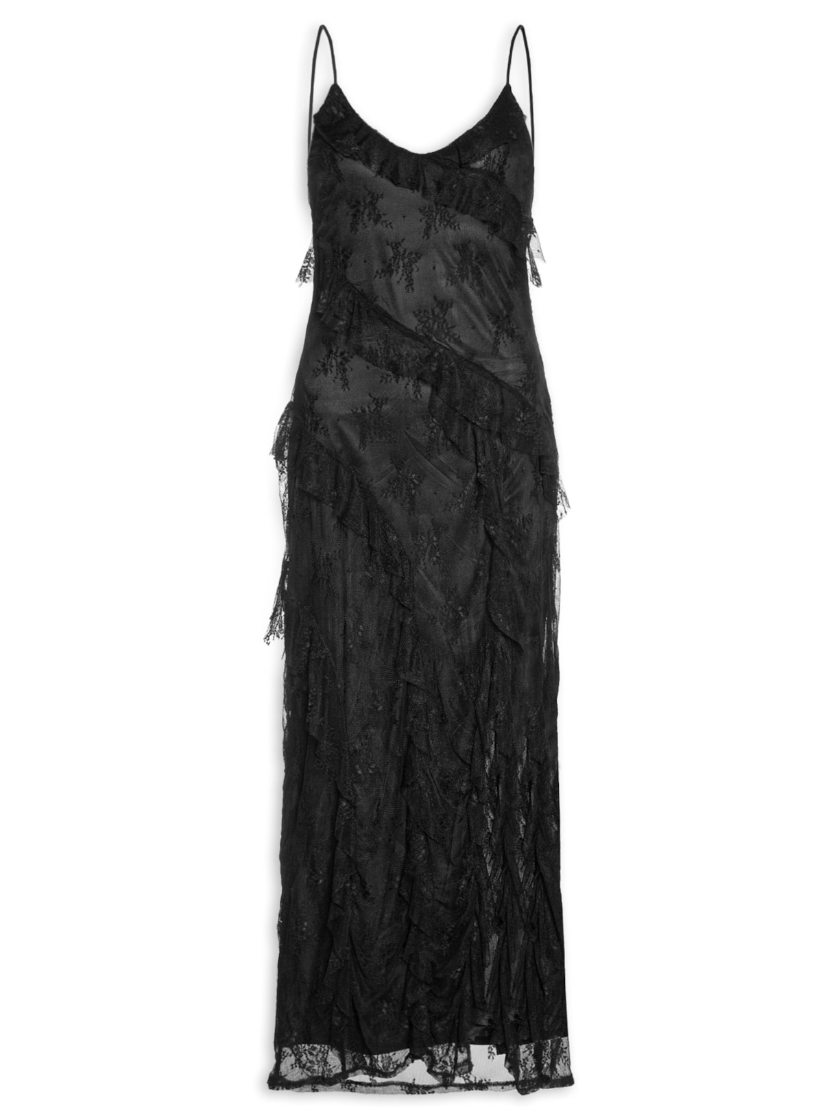 Vestido Em Renda Com Babados - Preto