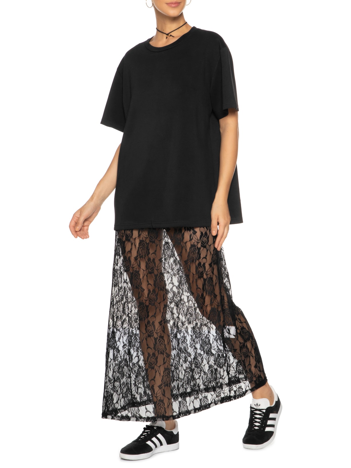 Vestido Em Renda Com Camiseta Sobreposta Preto Market 33