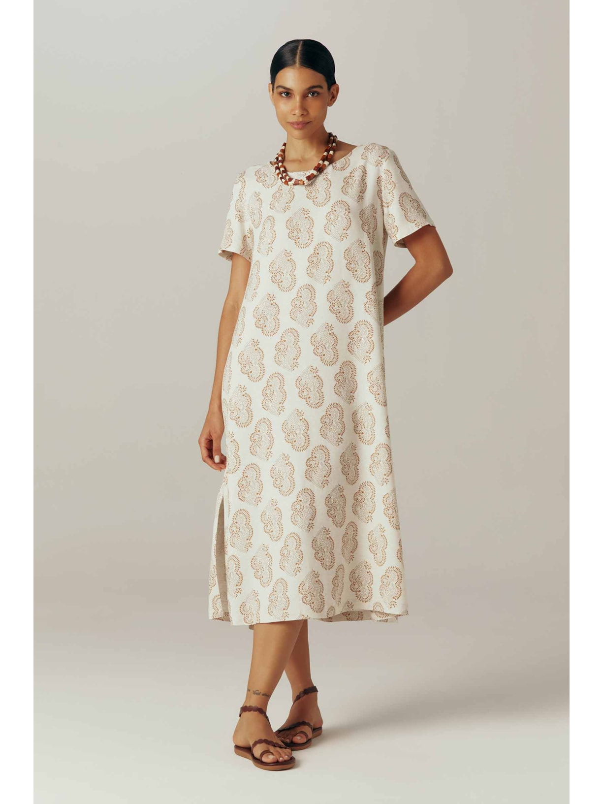 Vestido Evasê Midi Estampado Linho Lakshmi Yogini