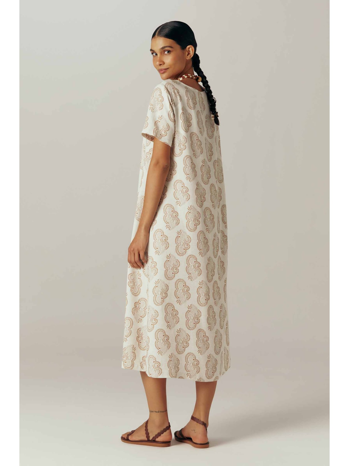 Vestido Evasê Midi Estampado Linho Lakshmi Yogini