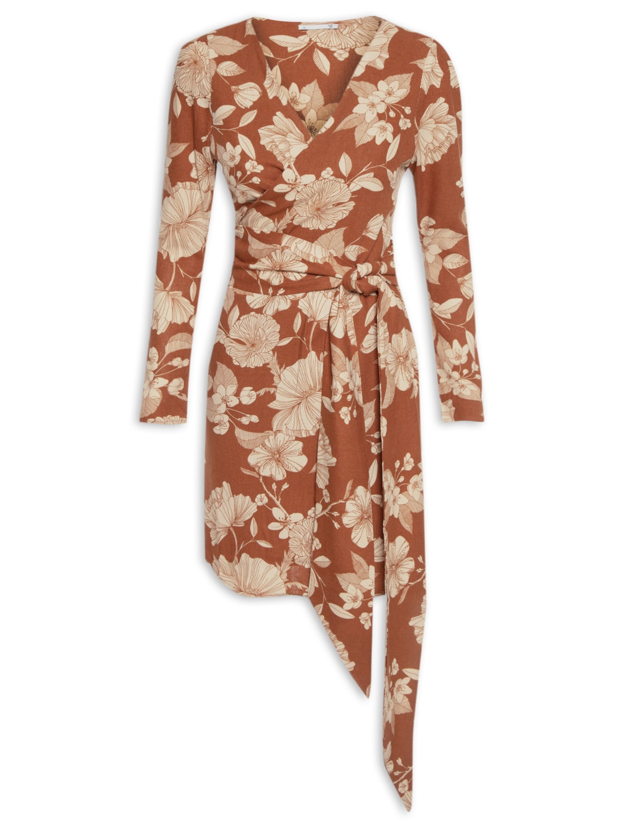 Vestido Feminino Curto Amarração Linho Misto Estampado - Marrom