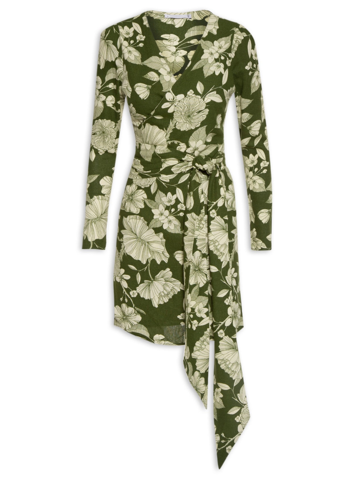 Vestido Feminino Curto Amarração Linho Misto Estampado - Verde