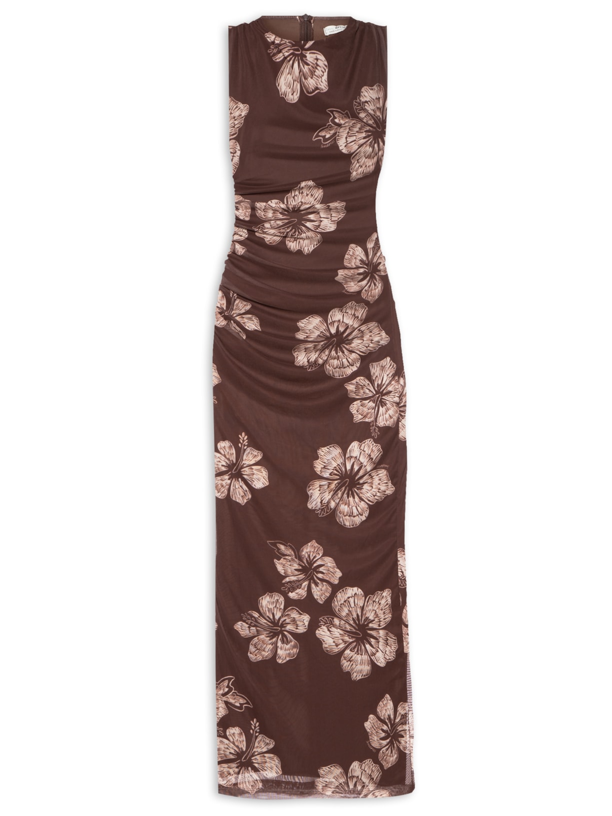 Vestido Feminino Drapeado Tule Estampa Grumari - Marrom