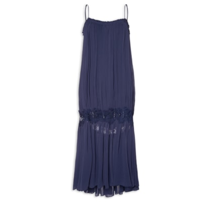 Vestido Feminino Midi Com Aplicação de Renda - Azul