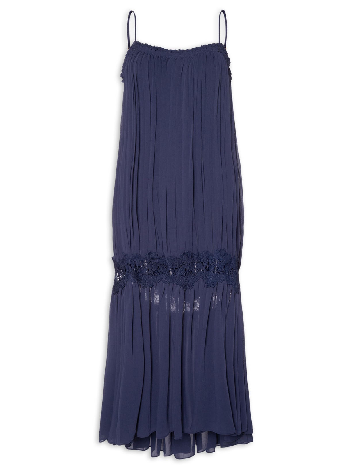 Vestido Feminino Midi Com Aplicação de Renda - Azul