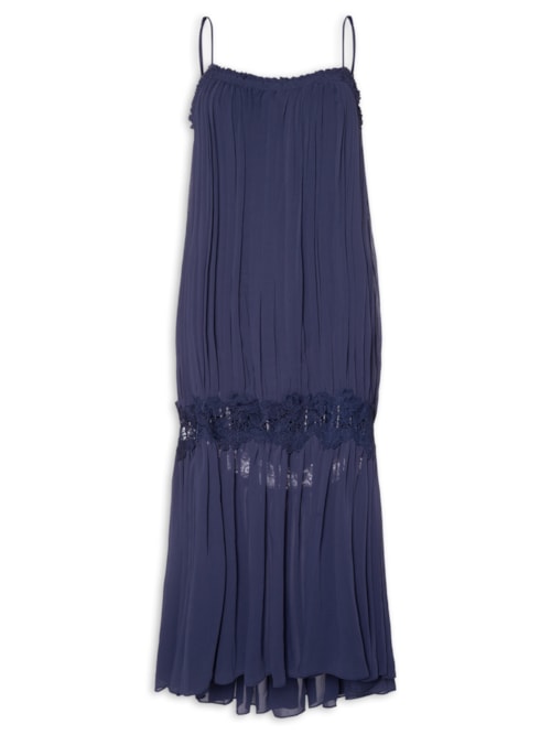 Vestido Feminino Midi Com Aplicação de Renda - Azul