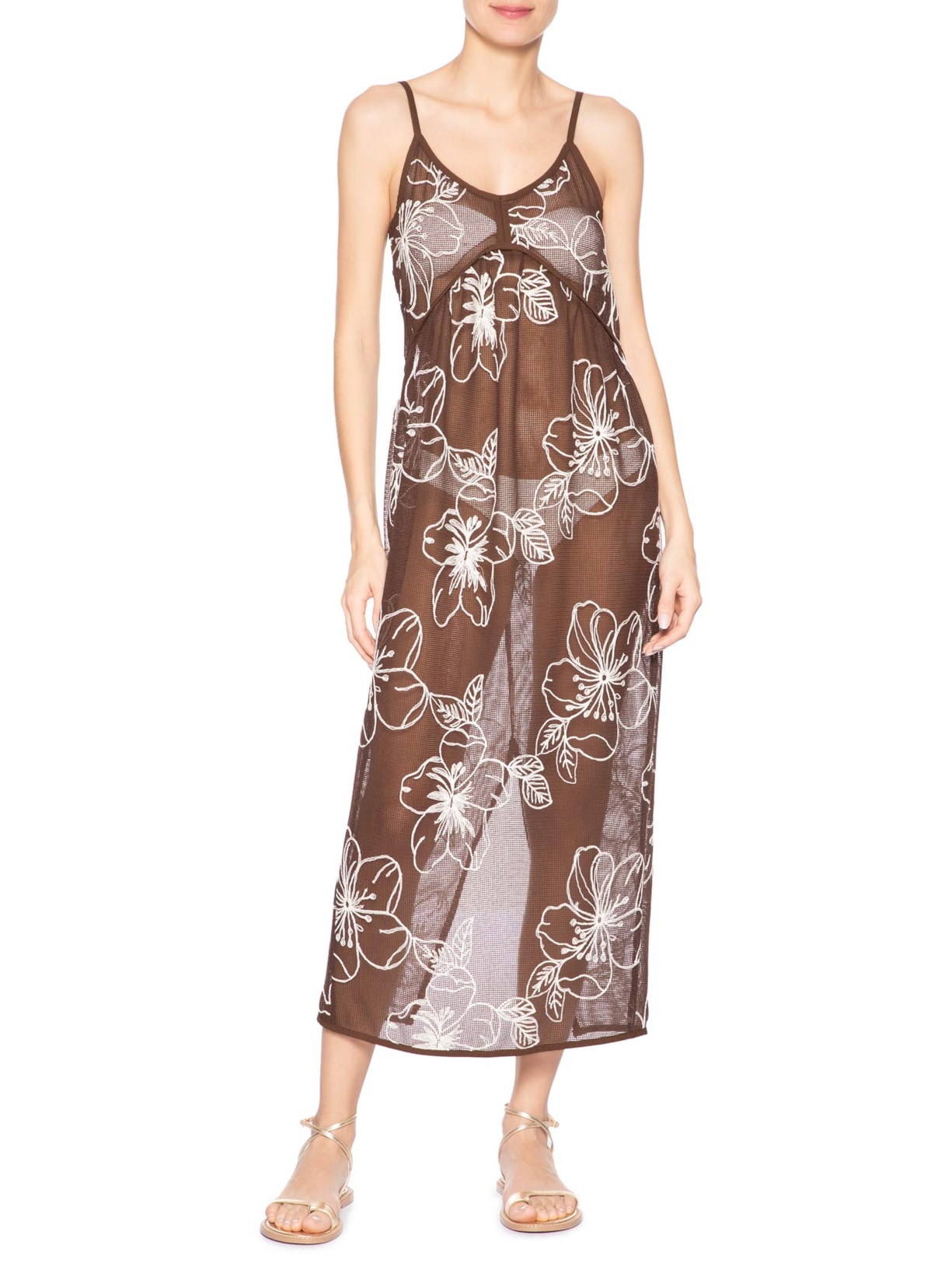 Vestido Feminino Midi Com Recortes E Franzido Marrom '2Essential