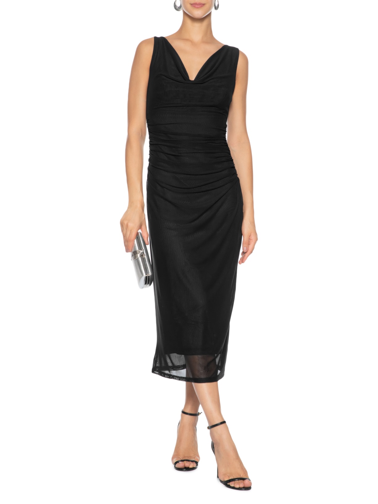 Vestido Feminino Midi Drapeado Preto Market 33
