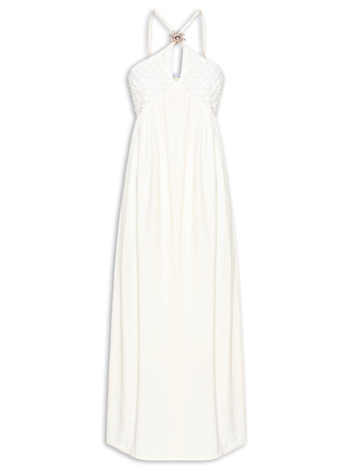 Vestido Feminino Midi Fluido Com Textura - Bege