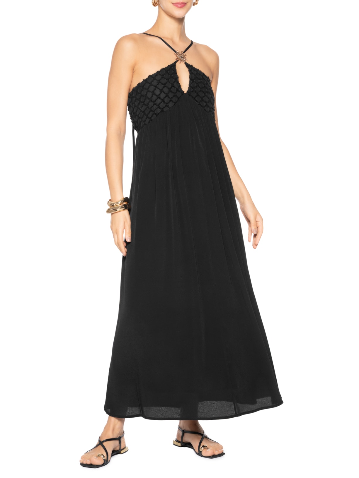 Vestido Feminino Midi Fluido Com Textura Preto '2Essential