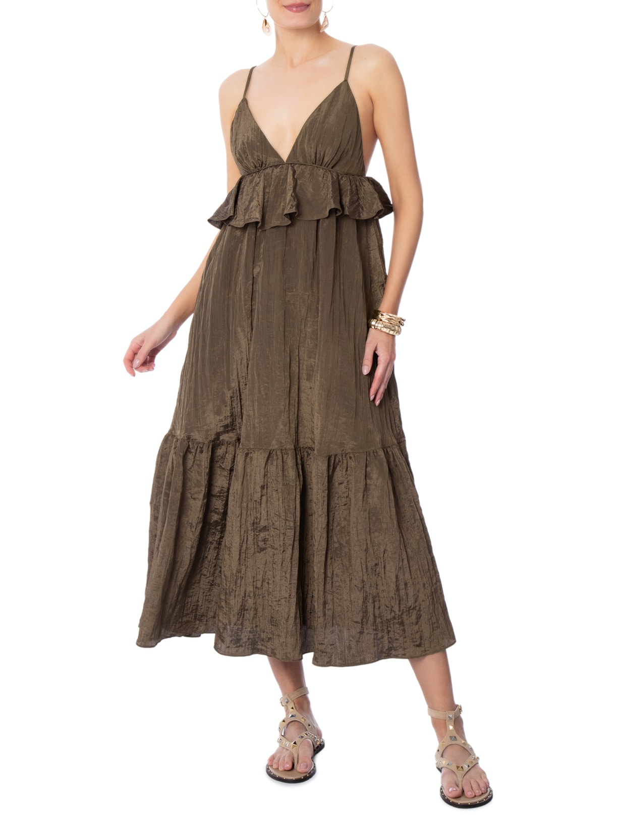 Vestido Fluido Midi Marrom Farm