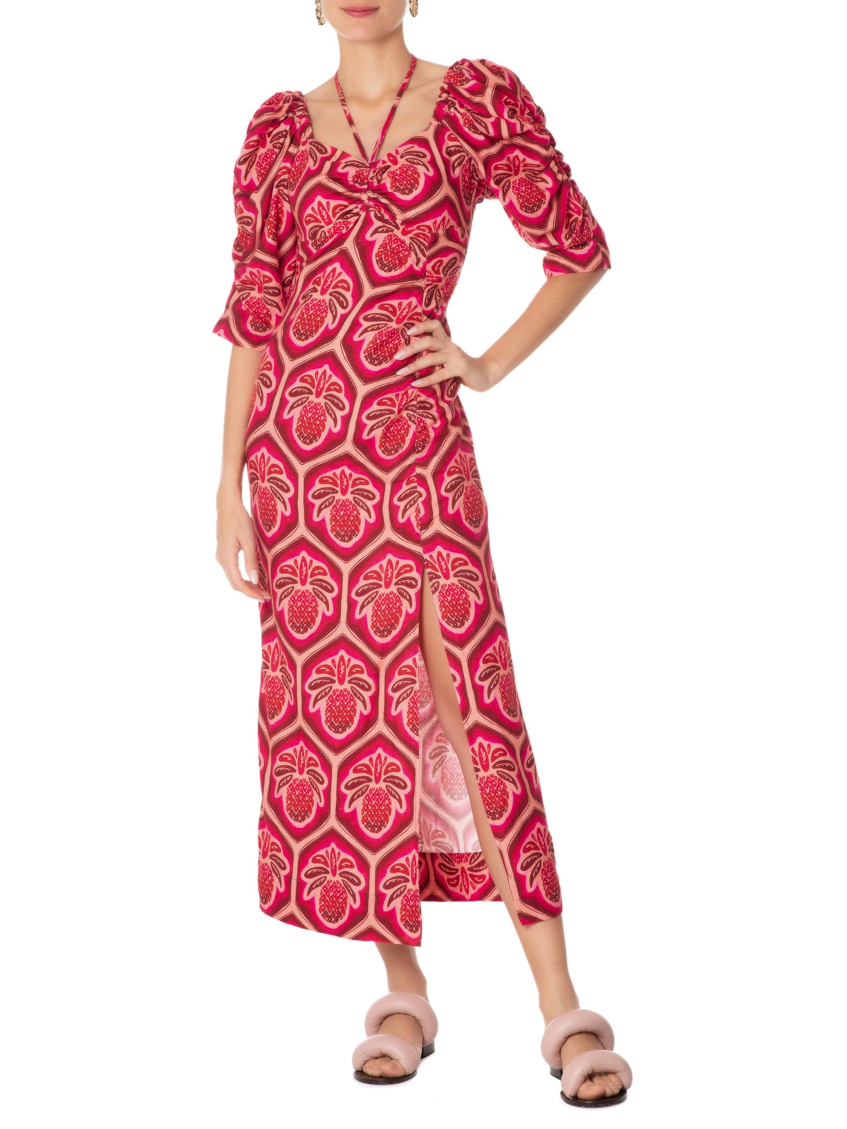 Vestido Franzido Abacaxi Cobogo Rosa Farm