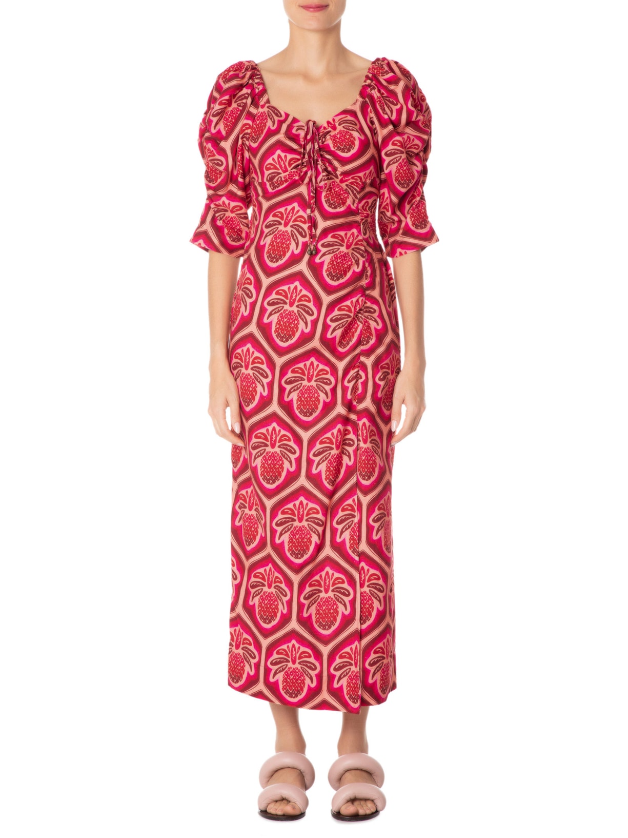 Vestido Franzido Abacaxi Cobogo Rosa Farm