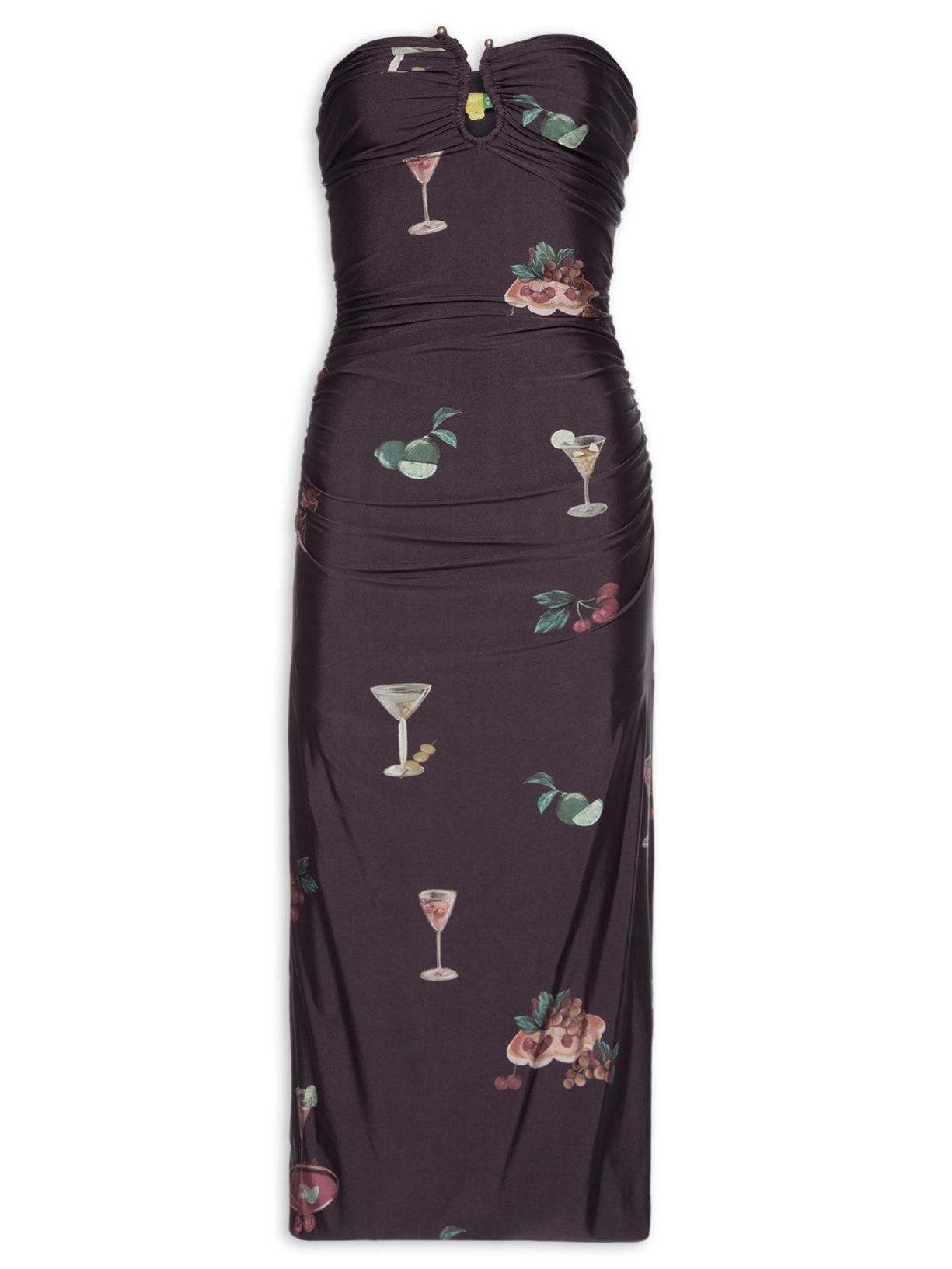 Vestido Franzido Coquetel Tropical - Marrom