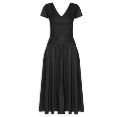 Vestido Franzido Decote V Fianco - Preto
