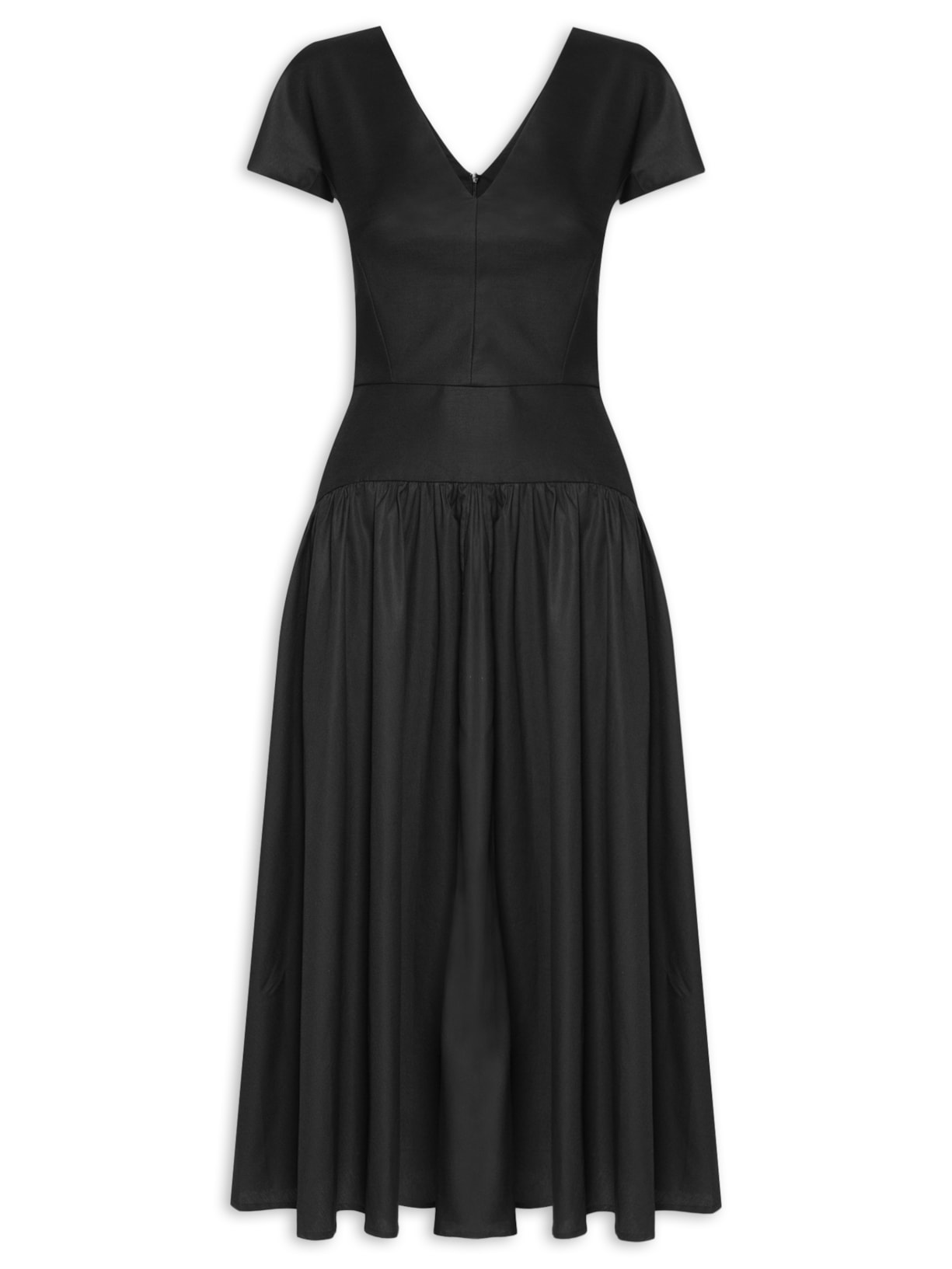 Vestido Franzido Decote V Fianco - Preto