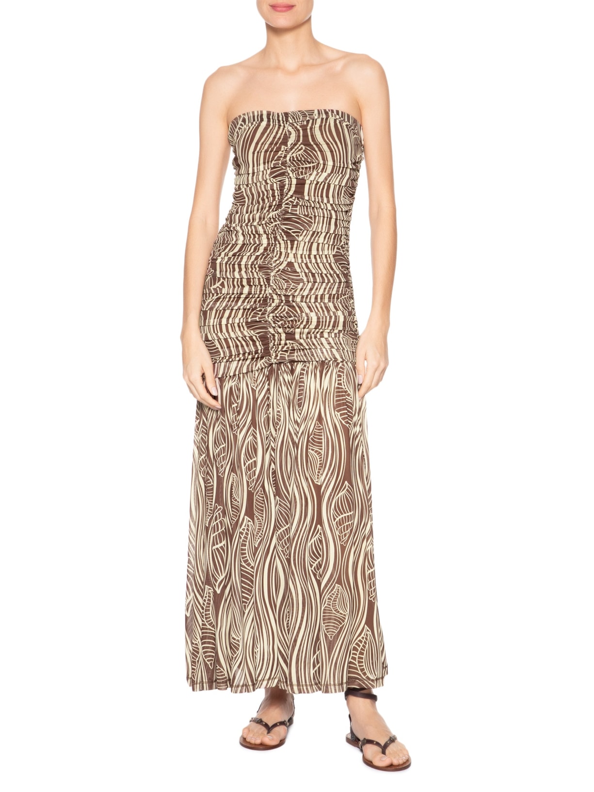 Vestido Franzido Estampa Som Do Mar Marrom Dress To