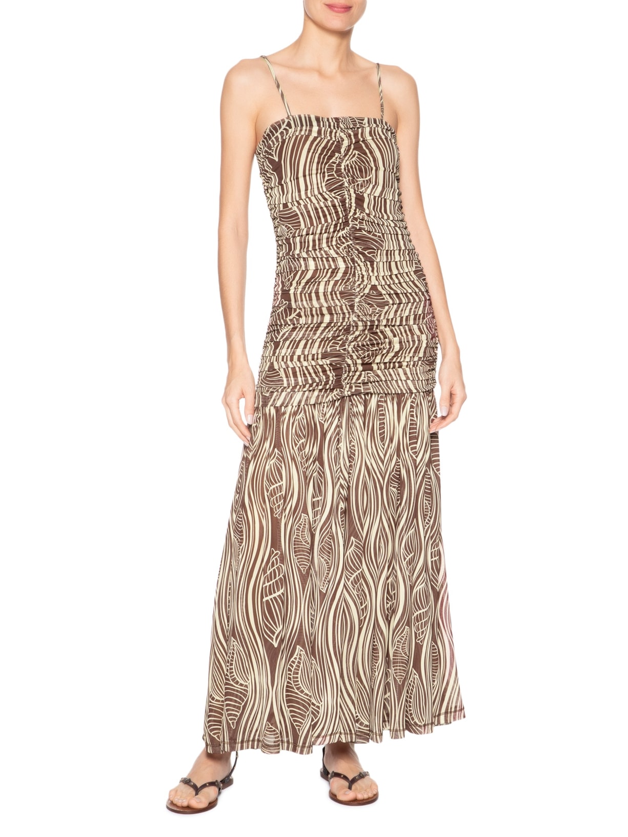 Vestido Franzido Estampa Som Do Mar Marrom Dress To