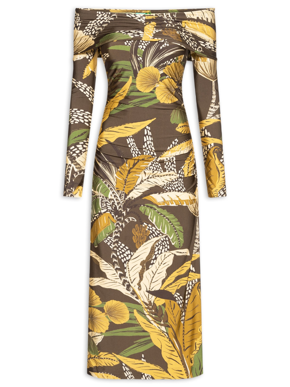 Vestido Franzido Floresta Sketch - Marrom