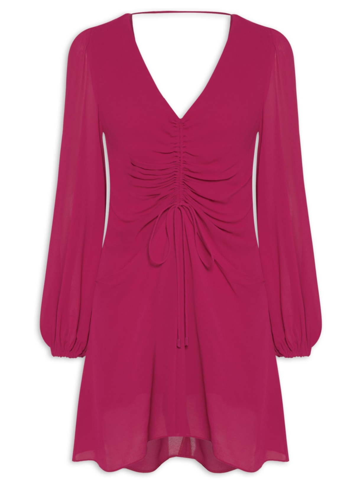 Vestido Franzido Frente Manga Longa - Rosa