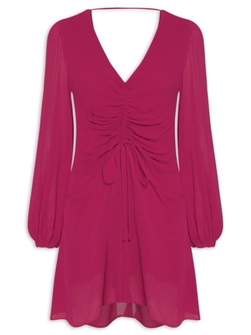 Vestido Franzido Frente Manga Longa - Rosa