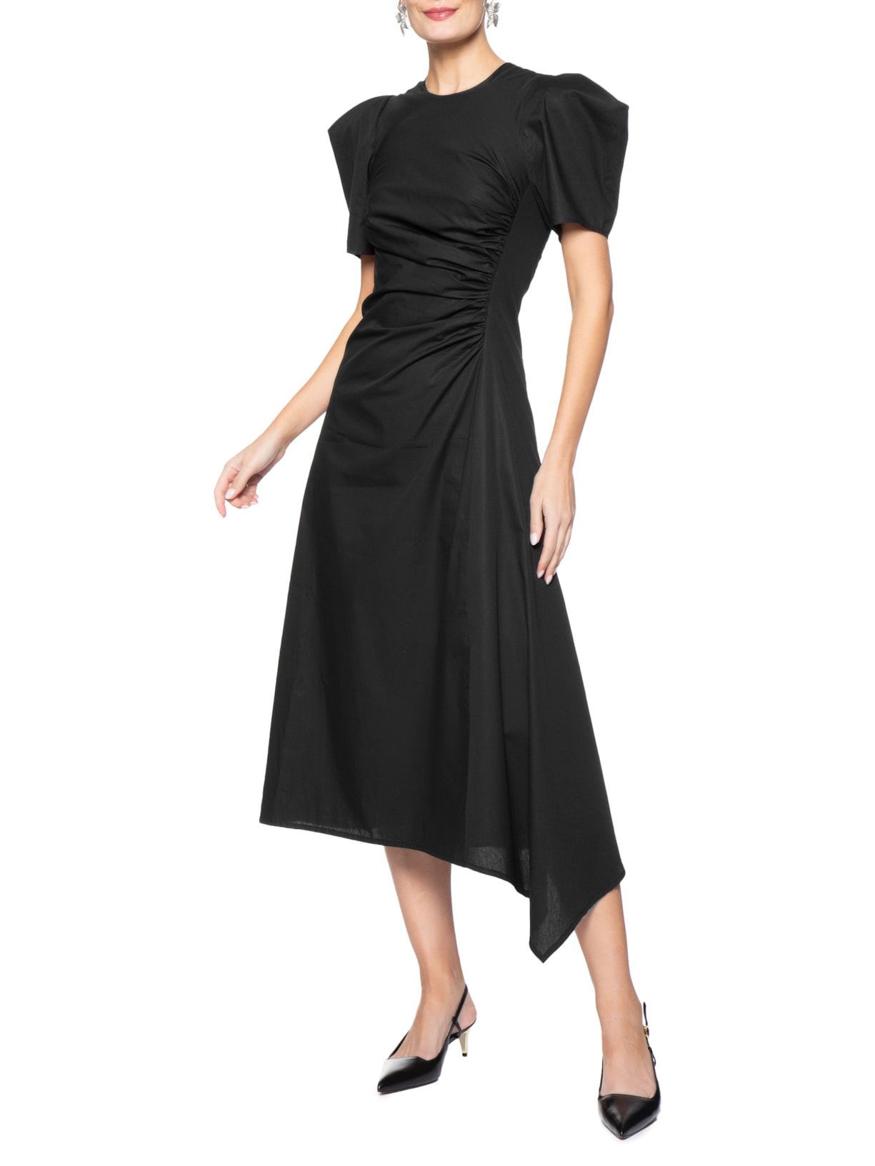 Vestido Franzido Lateral Manga Pregas Preto Andrea Marques