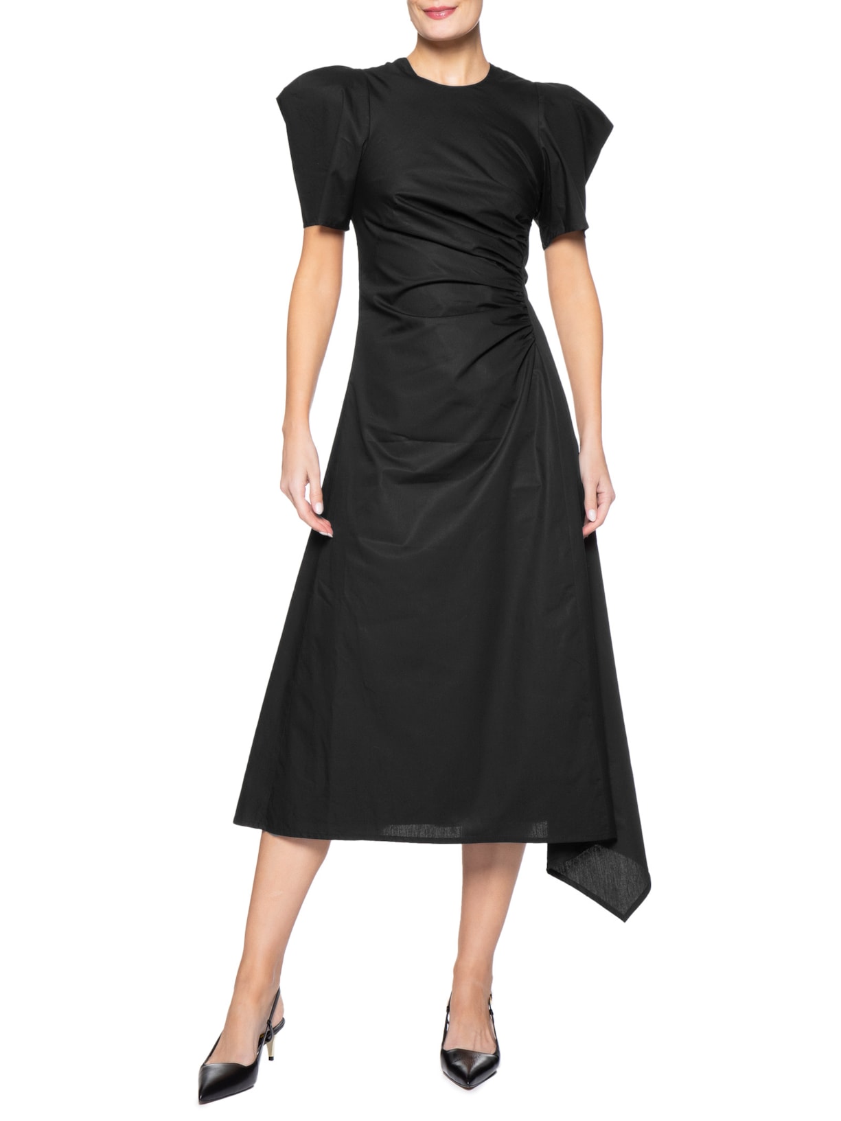 Vestido Franzido Lateral Manga Pregas Preto Andrea Marques