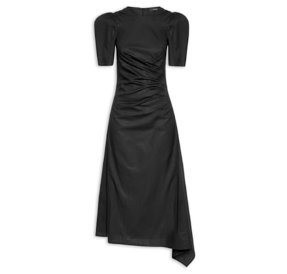 Vestido Franzido Lateral Manga Pregas - Preto