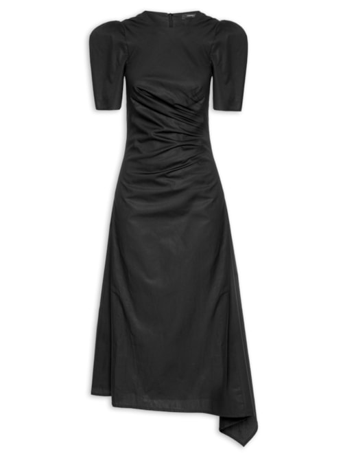 Vestido Franzido Lateral Manga Pregas - Preto