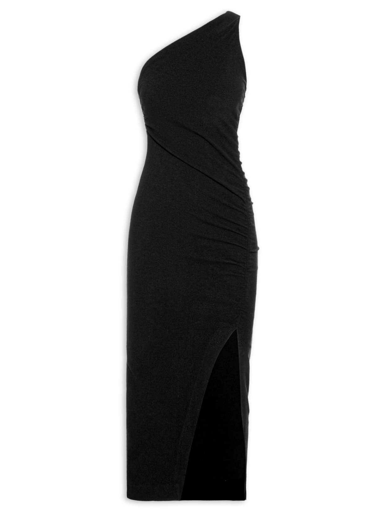 Vestido Franzido Midi Um Ombro Só - Preto