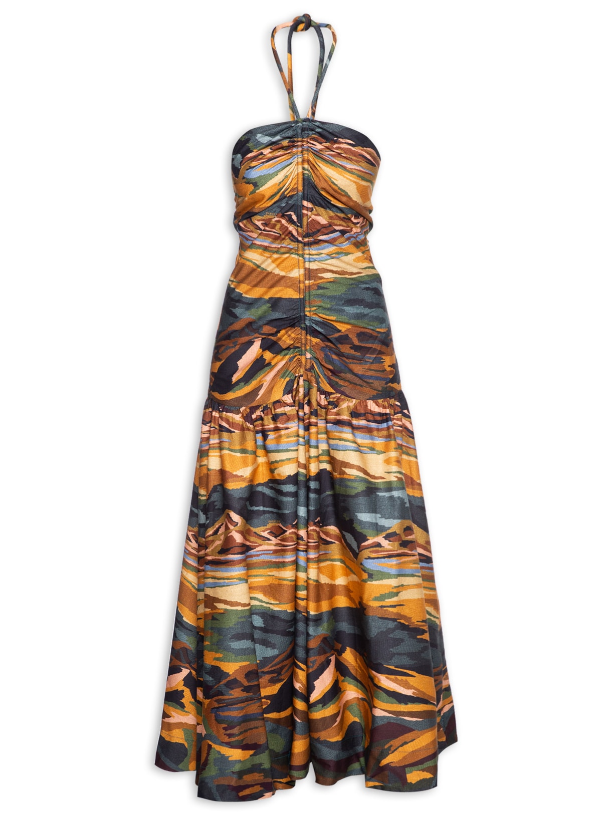 Vestido Franzido Montanhas Coloridas - Marrom