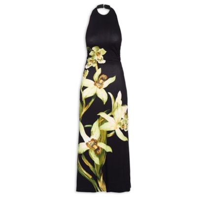 Vestido Frente Única Floral Orquídea - Preto