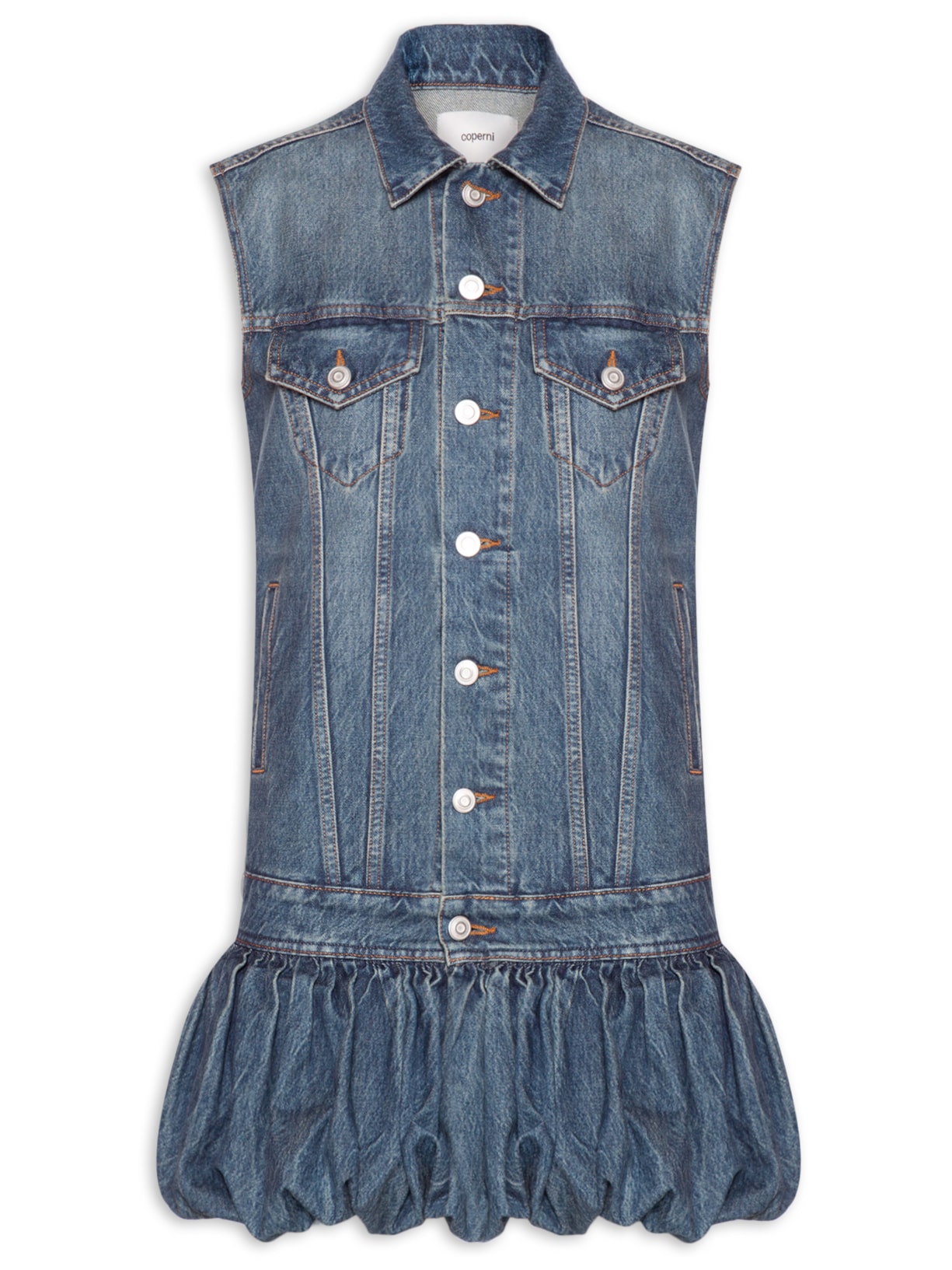 Vestido Gathered Hem Sleeveless Denim - Azul